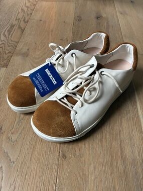 Birkenstock White Leather Sneakers with Brown Suede Accents